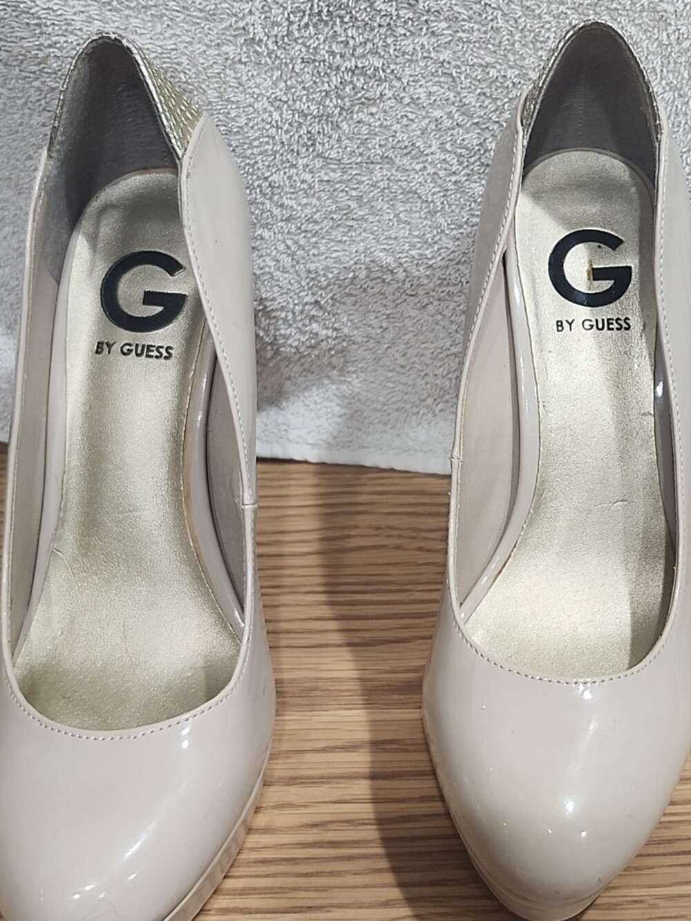 G by Guess Glossy Beige Patent Platform Pumps